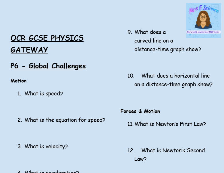 Global Challenges - GCSE Physics P6 Retrieval Questions | OCR Gateway Science