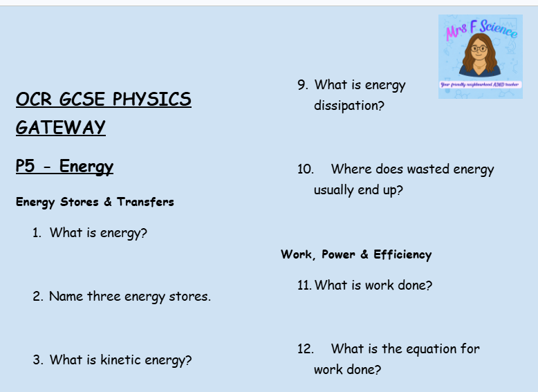 Energy - GCSE Physics P5 Retrieval Questions | OCR Gateway Science