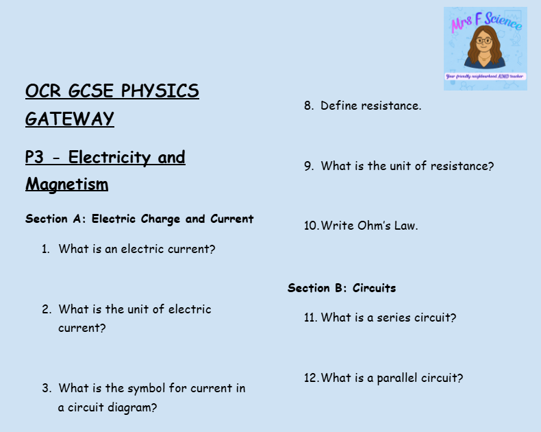 Magnetism and Electromagnetism - GCSE Physics P3 Retrieval Questions | OCR Gateway Science