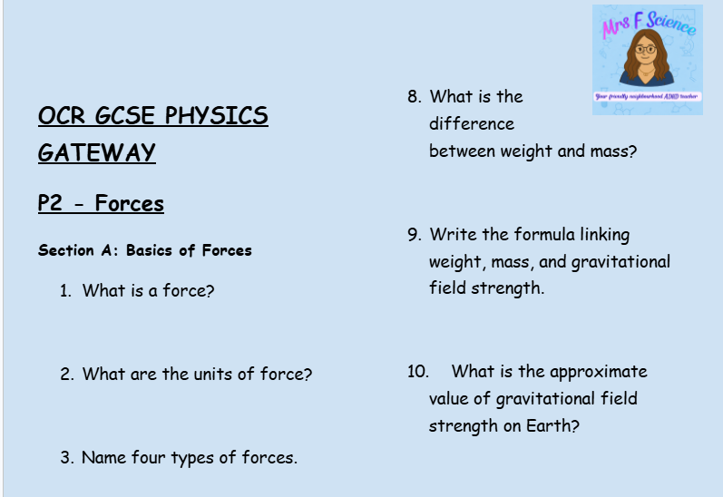 Forces - GCSE Physics P2 Retrieval Questions | OCR Gateway Science
