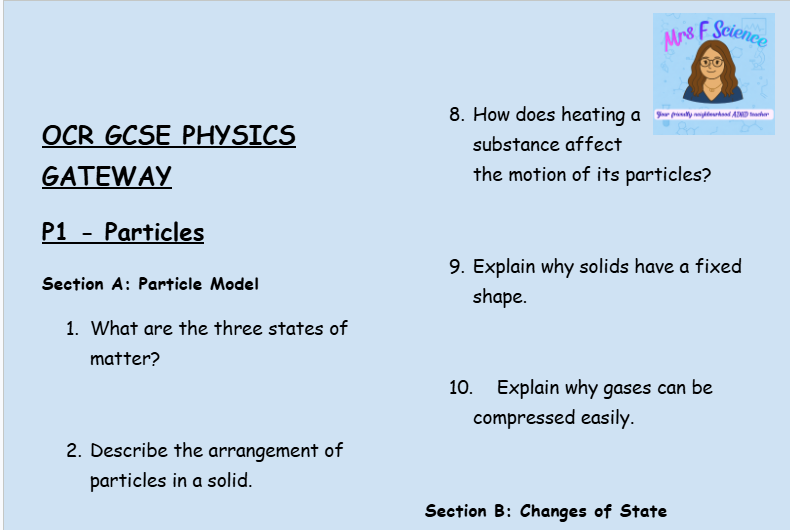 Matter - GCSE Physics P1 Retrieval Questions | OCR Gateway Science