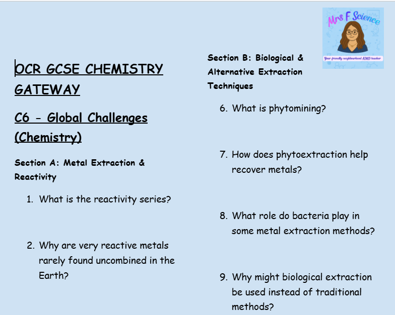 Global Challenges - GCSE Chemistry C6 Retrieval Questions | OCR Gateway Science