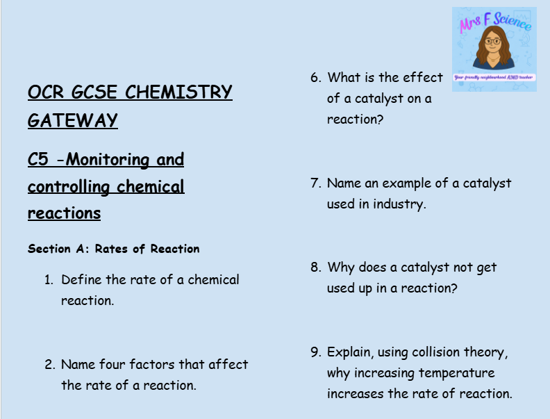 Monitoring and Controlling Chemical Reactions - GCSE Chemistry C5 Retrieval Questions | OCR Gateway Science