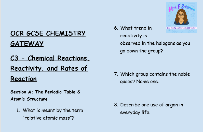 Atomic Structure and the Periodic Table - GCSE Chemistry C3 Retrieval Questions | OCR Gateway Science
