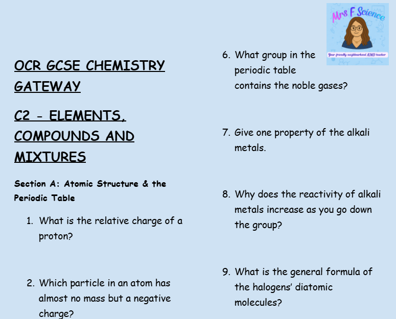 Elements, Compounds and Mixtures - GCSE Chemistry C2 Retrieval Questions | OCR Gateway Science