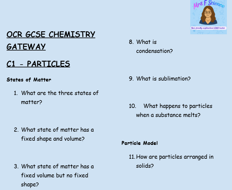 Particles - GCSE Chemistry C1 Retrieval Questions | OCR Gateway Science