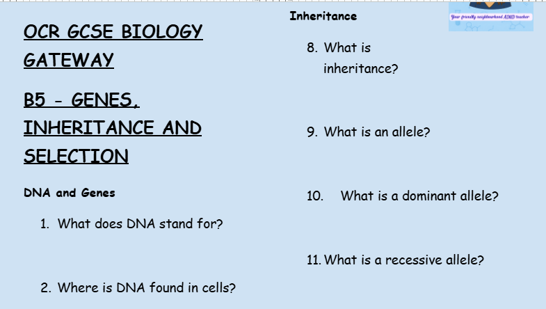 Genes, Inheritance and Selection - GCSE Biology B5 Retrieval Questions | OCR Gateway Science