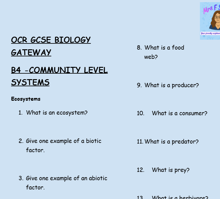 Community Level Systems - GCSE Biology B4 Retrieval Questions | OCR Gateway Science