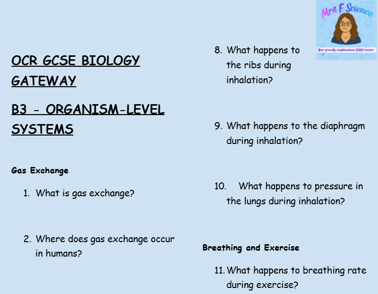 Organism Level Systems - GCSE Biology B3 Retrieval Questions | OCR Gateway Science