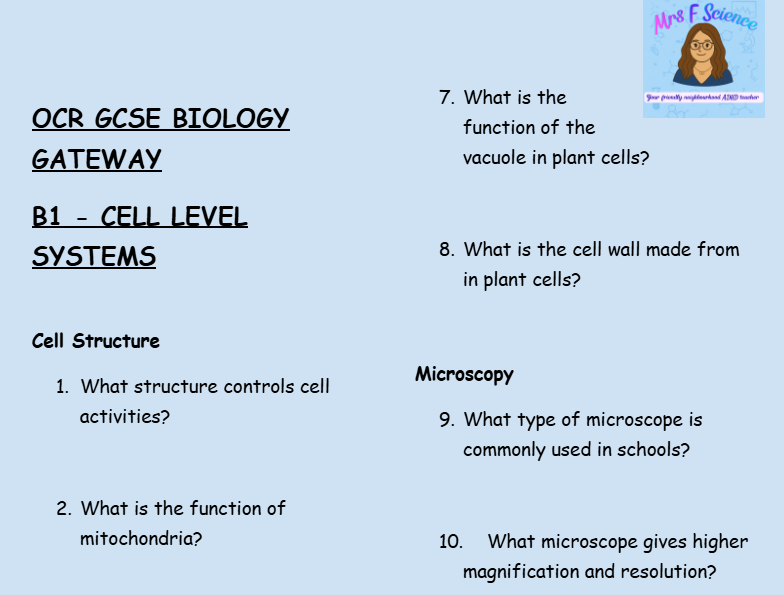 Cell Level Biology - GCSE Biology B1 Retrieval Questions | OCR Gateway Science