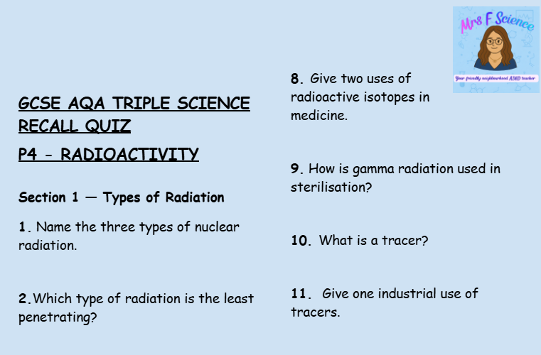 Radioactivity - GCSE Physics P4 Retrieval Questions | AQA Triple Science