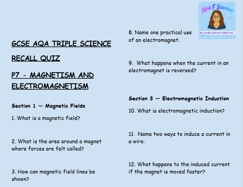 Magnets & Electromagnetism - GCSE Physics P7 Retrieval Questions | AQA Triple Science