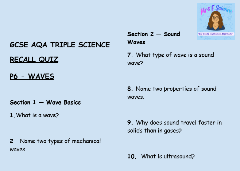 Waves - GCSE Physics P6 Retrieval Questions | AQA Triple Science