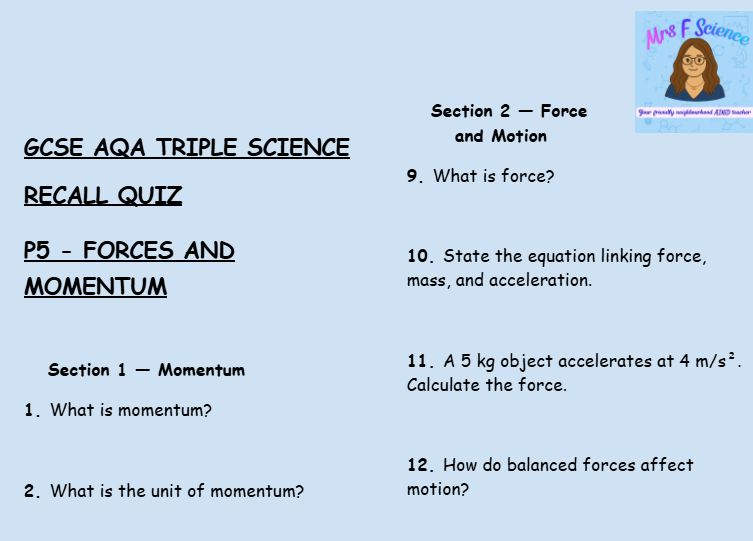 Force and Momentum - GCSE Physics P5 Retrieval Questions | AQA Triple Science