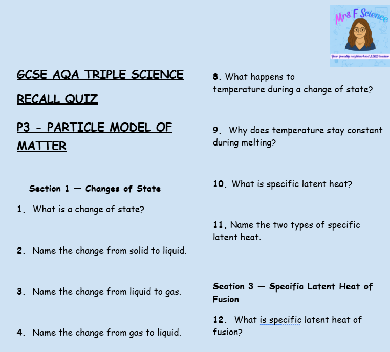 Particle Model of Matter - GCSE Physics P3 Retrieval Questions | AQA Triple Science