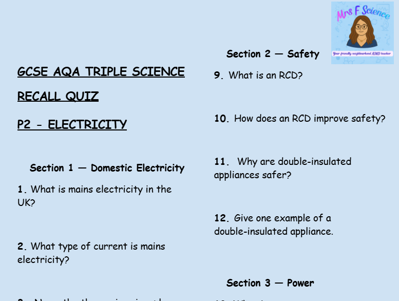 Electricity - GCSE Physics P2 Retrieval Questions | AQA Triple Science