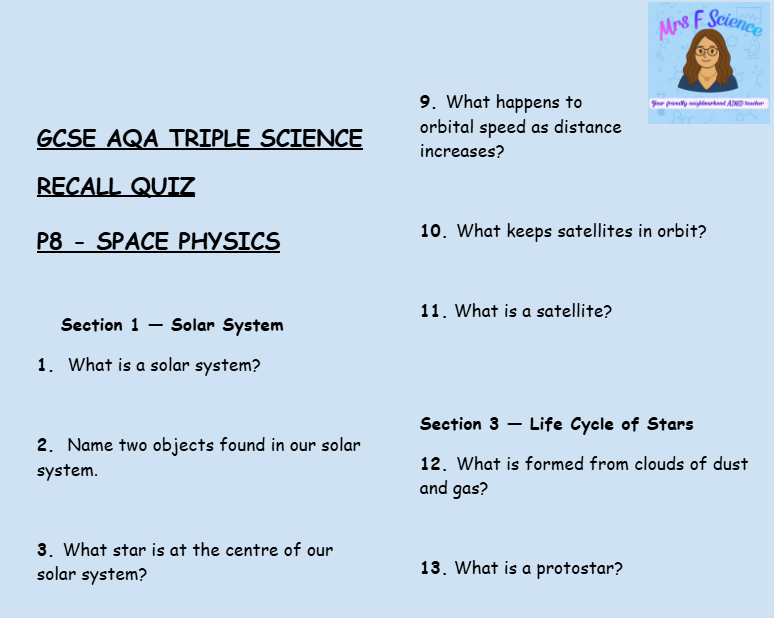 Space Physics - GCSE Physics P8 Retrieval Questions | AQA