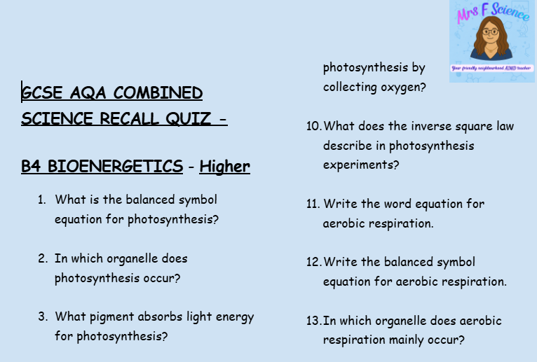 AQA GCSE Biology Higher Tier Retrieval Questions Bundle | B1-B7 | Save 30% | PDF Digital Download