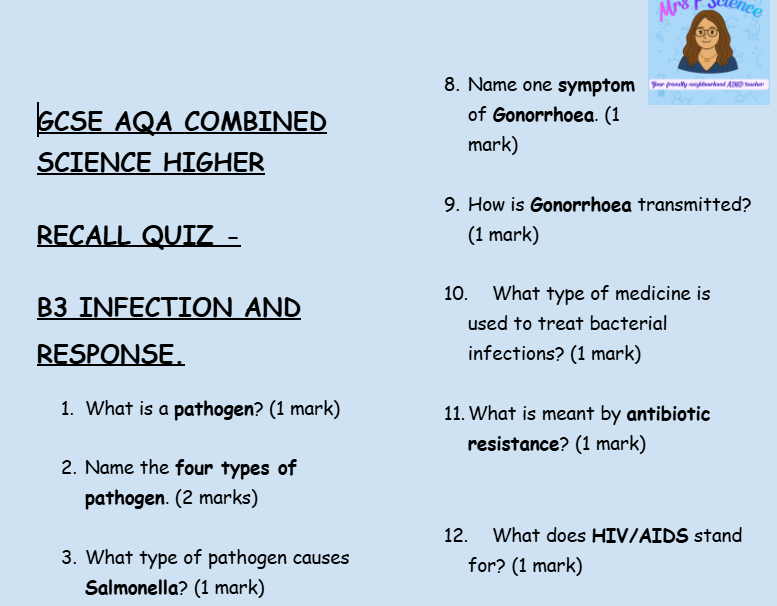 AQA GCSE Biology Higher Tier Retrieval Questions Bundle | B1-B7 | Save 30% | PDF Digital Download