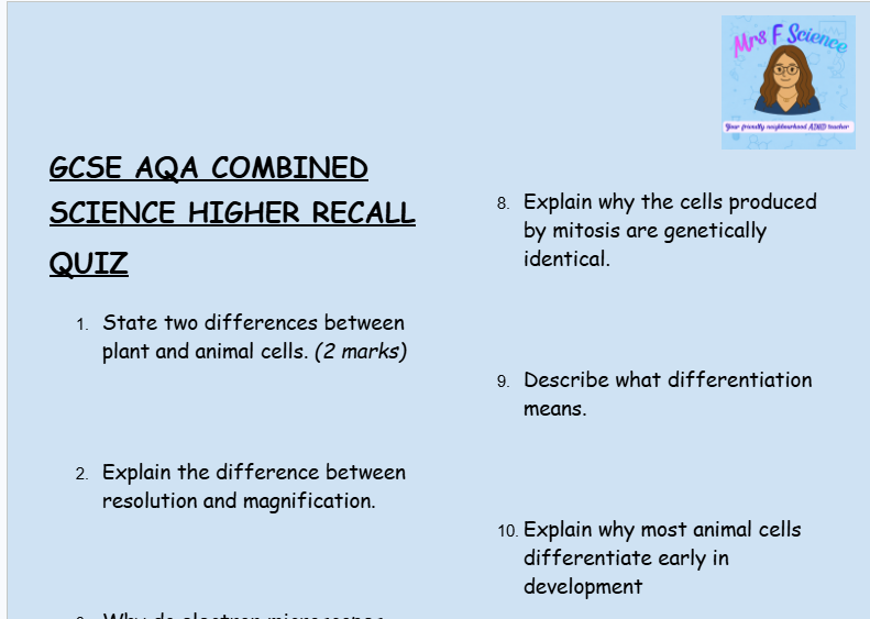 AQA GCSE Biology Higher Tier Retrieval Questions Bundle | B1-B7 | Save 30% | PDF Digital Download