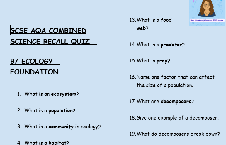 AQA GCSE Biology Foundation Tier Retrieval Questions Bundle | B1-B7 | Save 30% | PDF Digital Download