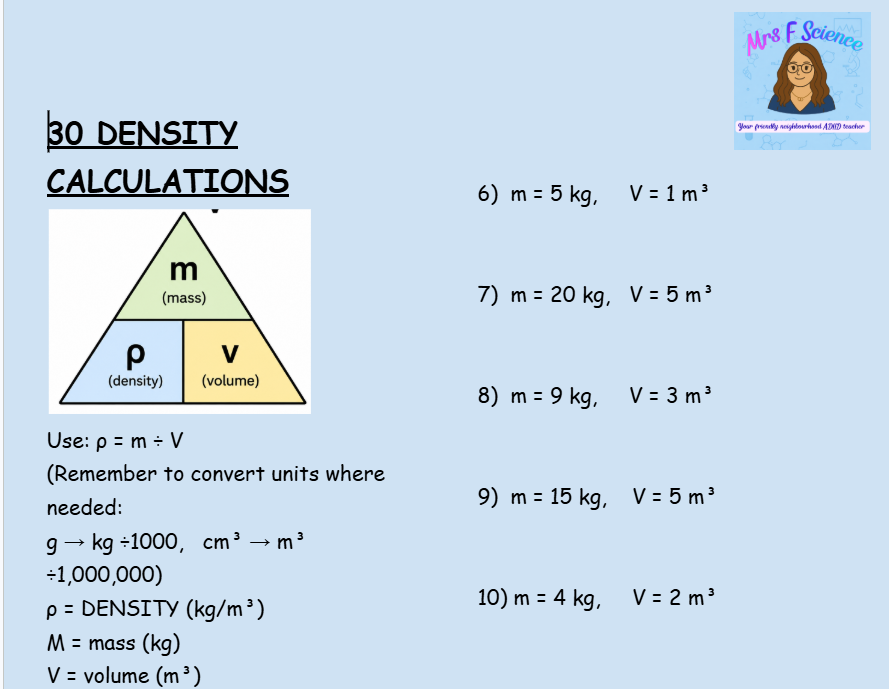 GCSE Physics Density Calculations Worksheet | KS4 | AQA | OCR | Edexcel | PDF Digital Download