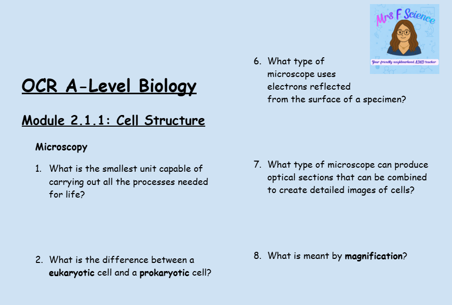 OCR A-Level Biology: Module 2.1.1 Cell Structure | 50 Questions & Answers