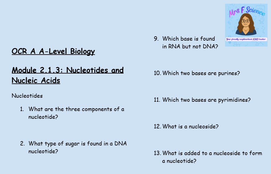 OCR A A-Level Biology: Module 2.1.3 Nucleotides and Nucleic Acids | 50 Questions & Answers