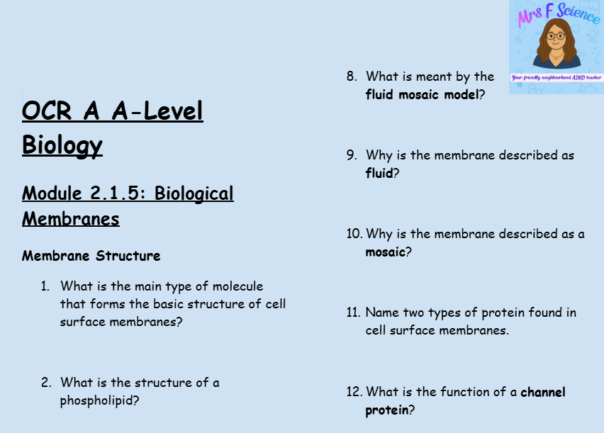 OCR A A-Level Biology: Module 2.1.5 Biological Membranes | 50 Questions & Answers