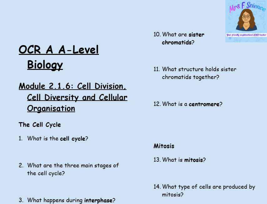 OCR A A-Level Biology: Module 2.1.6 Cell Division, Cell Diversity and Cellular Organisation | 50 Questions & Answers