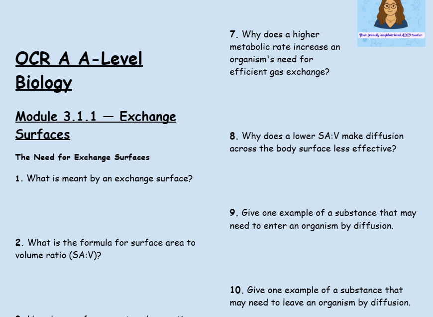 OCR A A-Level Biology: Module 3.1.1 Exchange Surfaces | 50 Questions & Answers