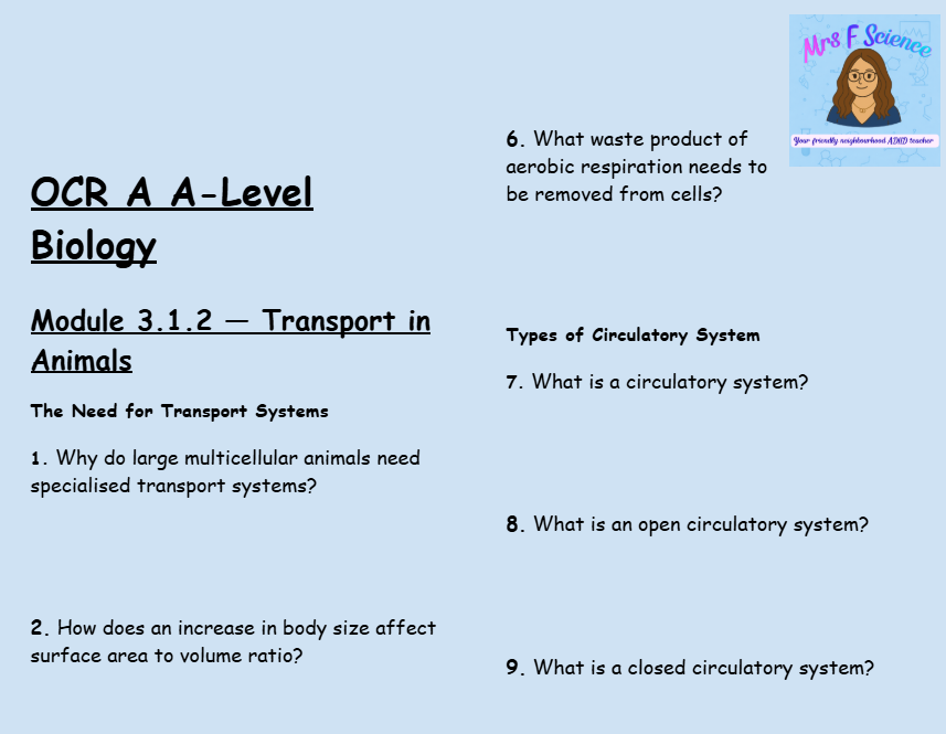 OCR A A-Level Biology: Module 3.1.2 Transport in Animals | 50 Questions & Answers