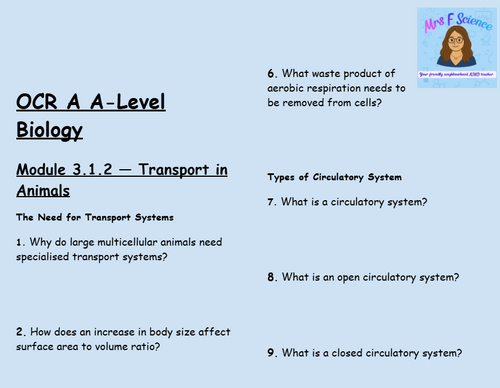 OCR A A-Level Biology: Module 3.1.2 Transport in Animals | 50 Questions & Answers