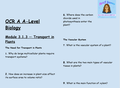 OCR A A-Level Biology: Module 3.1.3 Transport in Plants | 50 Questions & Answers
