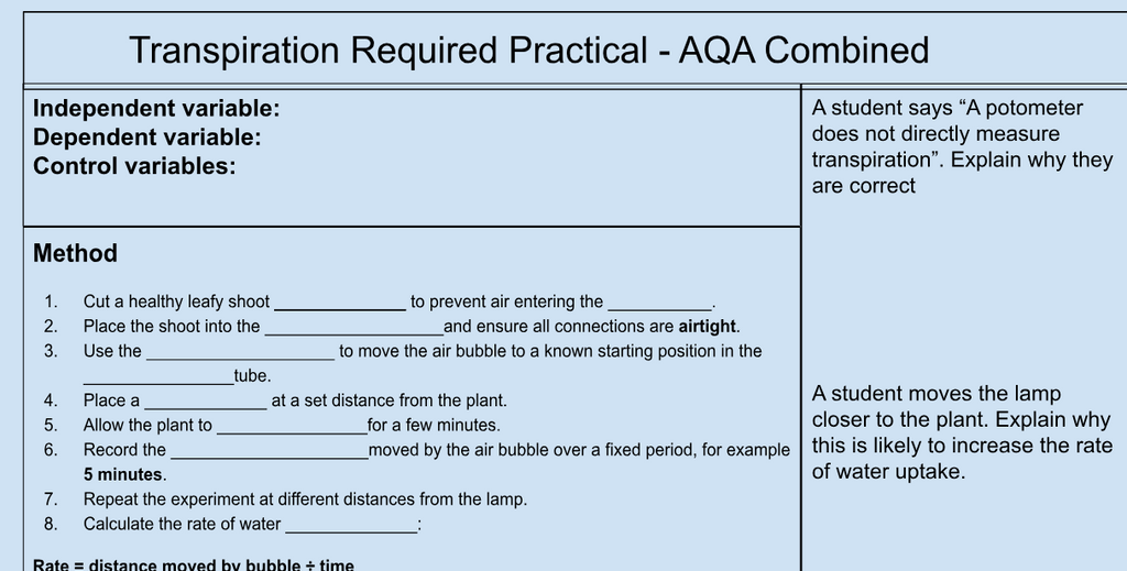 GCSE Biology Transpiration Required Practical Worksheet | KS4 | AQA | OCR | Edexcel | PDF Digital Download