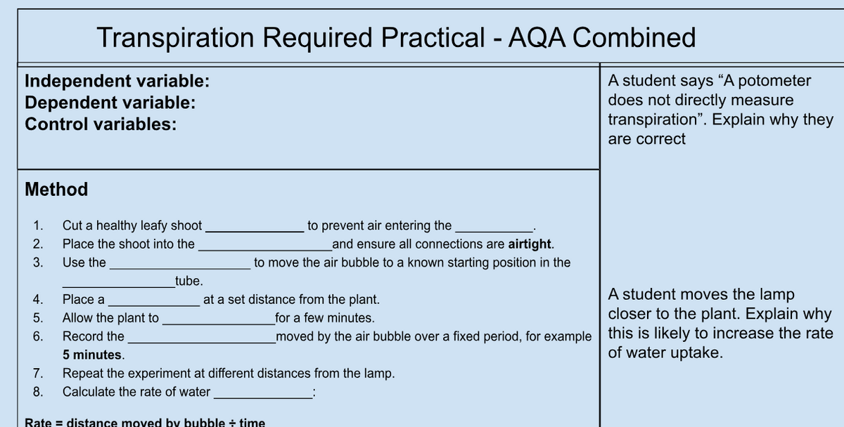 GCSE Biology Transpiration Required Practical Worksheet | KS4 | AQA | OCR | Edexcel | PDF Digital Download