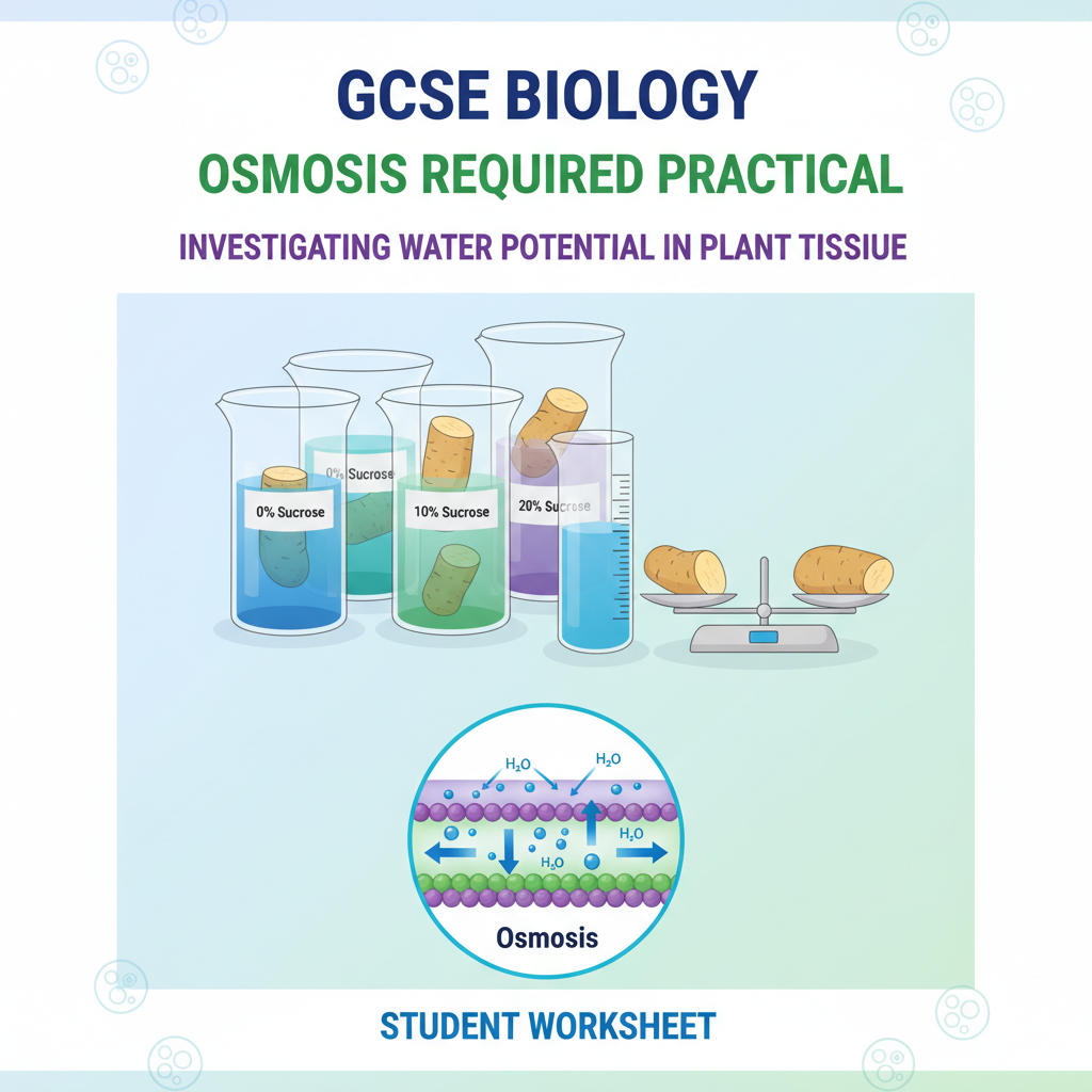 GCSE Biology Osmosis Required Practical Worksheet showing potato cylinders, beakers with different solution concentrations, and water molecules moving through membrane