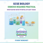 GCSE Biology Osmosis Required Practical Worksheet showing potato cylinders, beakers with different solution concentrations, and water molecules moving through membrane