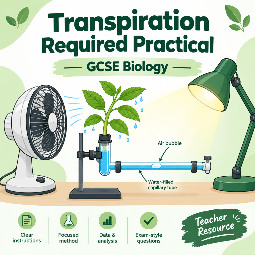 GCSE Biology Transpiration Required Practical worksheet cover showing a potometer